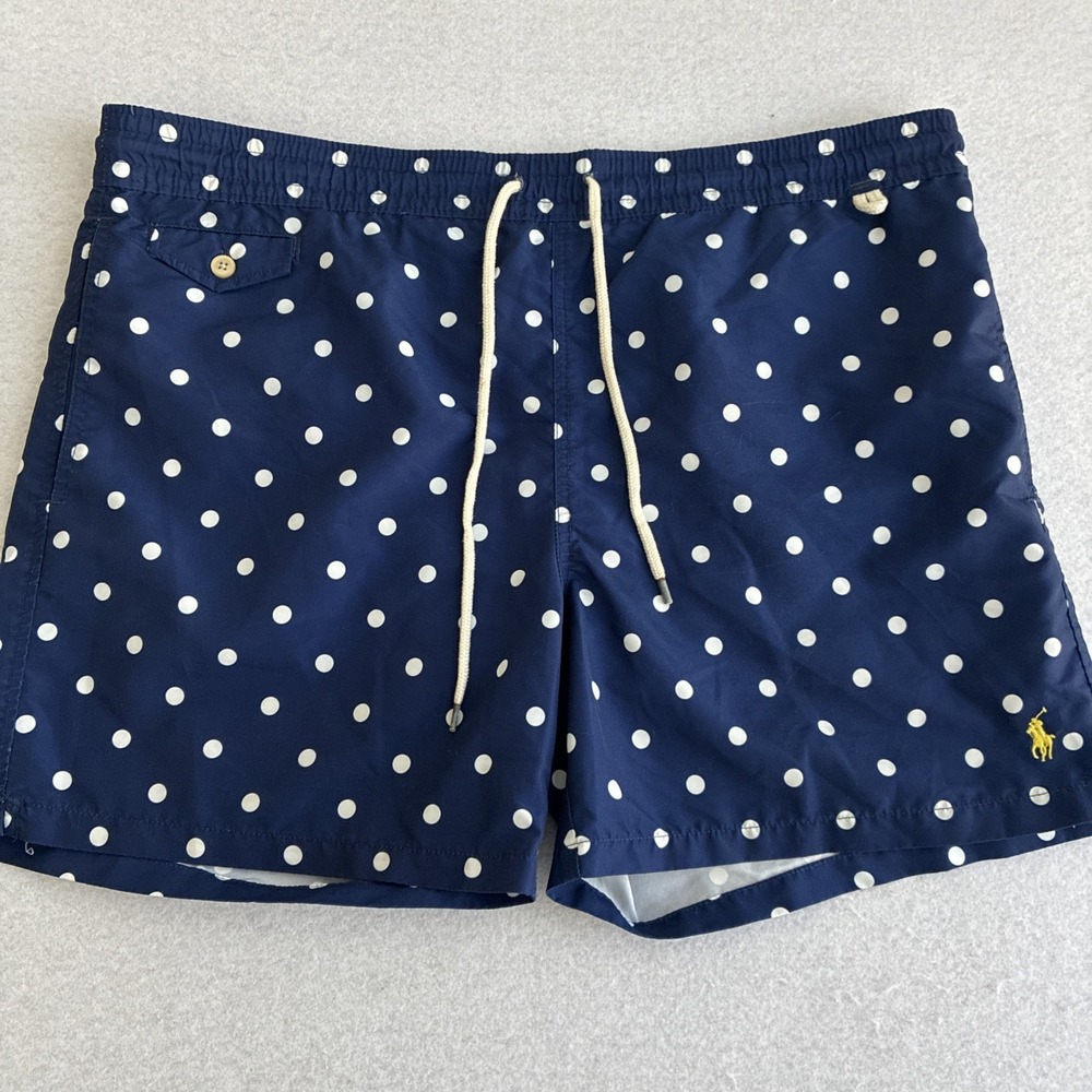 Polo Ralph Lauren Mens Blue White Polka Dot Swim Trunks XL Old Money Preppy